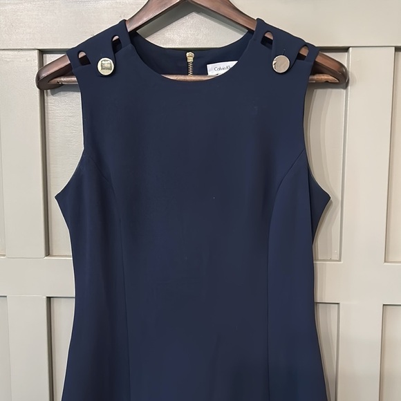 CALVIN Klein A-Line Career Office Dress Dark Navy Gold Button Shoulder Size 8 - Picture 6 of 11